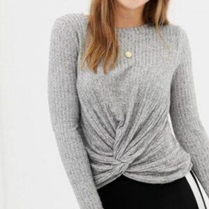 Hello Nite Gray Long Sleeve Tee with Twist Front
